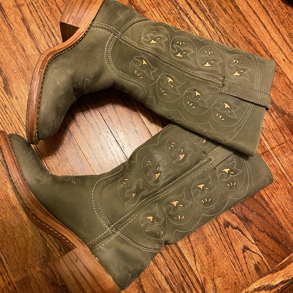 Frye Austin Flower Cut Out Olive Leather  Boots
